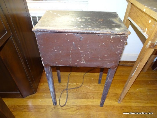 (LR) ANTIQUE PINE PAINTED LIFT TOP BOX ON LEGS- UNUSUAL, HAS A LOCK (NO KEY) AND 22 PAINTED ON THE