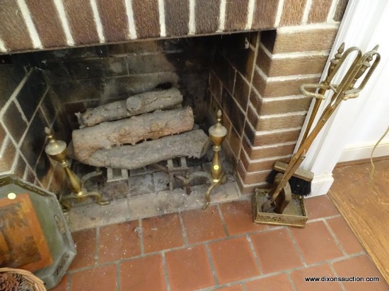 (LR) BRASS FIREPLACE SET- 18" H ANDIRONS, FIRE DOGS AND TOOL SET