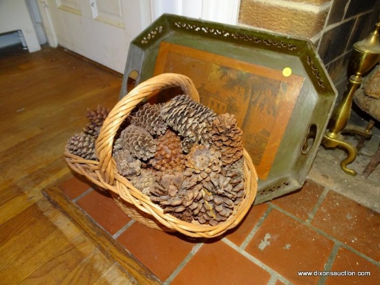 (LR) VINTAGE METAL SERVING TRAY AND BASKET WITH PINE CONES-