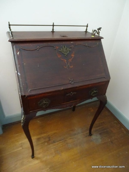 (DOWN BED) ANTIQUE MAHOGANY LADIES SLANT FRONT WRITING DESK- BRASS ORMOLU ON LEGS, BRASS GALLERY