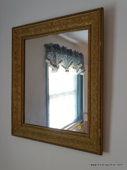 (DOWN BED) ANTIQUE GOLD FRAMED MIRROR WITH FLOWER CARVING- 24"W X 28"H