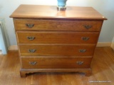 (BED 1) SUTER'S WALNUT CHIPPENDALE 4 DRAWER CHEST- DOVETAIL DRAWERS WITH OAK SECONDARY AND BURNED