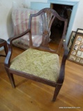 (BED 3) ANTIQUE 18TH C MAHOGANY ARM CHAIR- DOUBLE PEGGED ON LEGS, WHEAT CARVING ON SPLAT, REEDED