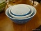VINTAGE PYREX SET; INCLUDES 3 PIECES IN BLUE AND WHITE SNOWFLAKE PATTERN, ALL ARE ROUND MIXING BOWLS