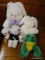 PLUSH STUFFED ANIMALS LOT; INCLUDES 4 PCS, 3 WHITE BUNNY RABBITS AND ONE GREEN AND YELLOW FROG.