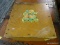 VINTAGE WOODEN SEWING BOX; INCLUDES THREAD AND OTHER CONTENTS, HAS APPLIQUED VINTAGE POODLE DECAL ON