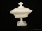 VINTAGE MILK GLASS PEDESTAL CANDY DISH WITH LID; SQUARE SHAPED AND WITH GRAPEVINE PATTERN, MADE BY