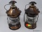 LANTERN DECANTERS; PAIR OF DECANTERS IN THE FORM OF LANTERNS. WEATHERED COPPER COLOR WITH CLEAR