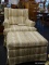 SHUFORD ARM CHAIR & OTTOMAN; UPHOLSTERED IN A BLUE, CREAM, AND YELLOW UPHOLSTERY. CHAIR MEASURES 32