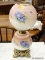 VINTAGE TABLE LAMP; VINTAGE PINK AND FLORAL PAINTED GLOBE STYLE TABLE LAMP WITH BRASS BASE. MEASURES