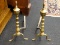 BRASS ANDIRONS; HAVE QUEEN ANNE FEET AND FINIAL STYLE BODY. EACH ANDIRON MEASURES 9 IN X 16 IN X 18