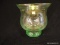 ART GLASS VASE; LIGHT GREEN TINTED GLASS, FLARED TOP OVER A SHORT WIDE GLOBE AND ROUND BASE.