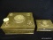 CHINESE CIGARETTE BOX AND MATCHING MATCHBOX HOLDER; MADE OF BRONZE WITH INLAY SOAPSTONE MEDALLION