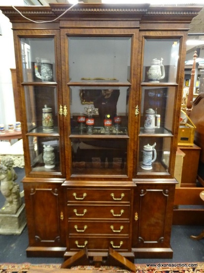 CENTURY BREAKFRONT CHINA CABINET; DENTIL MOLDING ACROSS THE TOP OF THIS PIECE IS JUST ONE OF THE