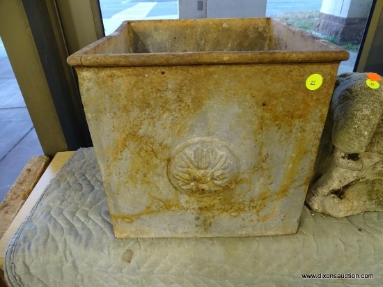 METAL CUBE PLANTER BOX; VERY THICK AND HEAVY, HAS MOLDED MEDALLION ON EACH OF THE 4 SIDES, CLOSED