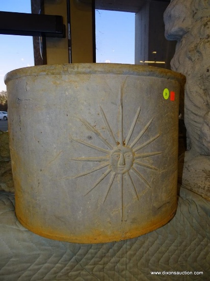 METAL OUTDOOR ROUND SUN MOTIF PLANTER; VERY THICK AND HEAVY, HAS 4 SUN SHAPED MOLDED MEDALLIONS ON