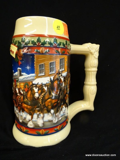 BUDWEISER HOLIDAY STEIN; 2003 EDITION "OLD TOWNE HOLIDAY", HANDCRAFTED EXPRESSLY FOR ANHEUSER BUSCH