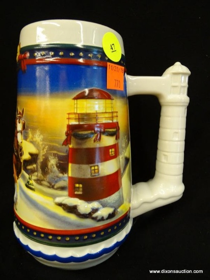 BUDWEISER HOLIDAY STEIN; 2002 EDITION "GUIDING THE WAY HOME", HANDCRAFTED EXPRESSLY FOR ANHEUSER