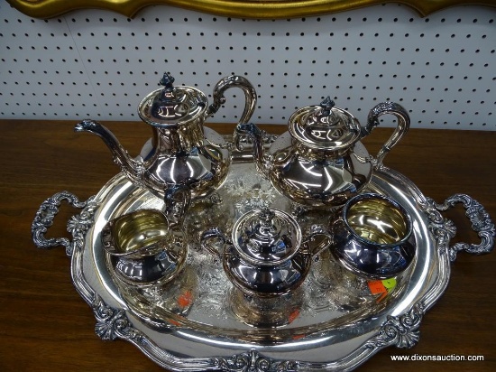 REED AND BARTON SILVER-PLATE HOLLOWWARE TEA SET; "REGENT" PATTERN (#5605). SET INCLUDES LARGE COFFEE