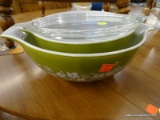 VINTAGE PYREX; 3 TOTAL PIECES. MIXING BOWLS IN AVOCADO GREEN WITH WHITE FLORAL PATTERNS. COMES WITH