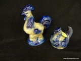 BEAUMONT POTTERY BLUE AND TAN ROOSTER FIGURINES; MADE IN YORK, MAINE. TOTAL OF 2 PIECES.