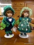 PAIR OF LEPRECHAUN DOLLS BY COLLECTOR'S CHOICE; BOY AND GIRL DRESSED IN GREEN SHAMROCK ATTIRE. BOTH