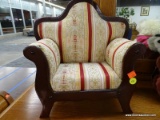 DOLL SIZED CAMELBACK DOUBLE SEAT; WITH DARK CHERRY STAINED WOOD FRAME AND FLORAL STRIPED VICTORIAN