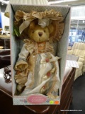 COLLECTIBLE BEAR IN BOX; KINGSTATE THE DOLLCRAFTER, BROWN BEAR IN VICTORIAN DRESS ATTIRE. STILL IN