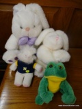 PLUSH STUFFED ANIMALS LOT; INCLUDES 4 PCS, 3 WHITE BUNNY RABBITS AND ONE GREEN AND YELLOW FROG.