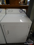 GENERAL ELECTRIC DRYER; WHITE IN COLOR, FRONT LOADING, ON/OFF SIGNAL, COTTON, EASY CARE, AIR FLUFF,