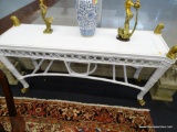 WHITE BAMBOO TABLE WITH GOLD PAINTED TRIM; WOODEN TOP SURFACE WITH BAMBOO LIKE FRAME. PAINTED GOLD