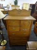 VINTAGE TIGER OAK CHIFFONIER; BACK CARVED GALLERY EDGE OVER 2 HALF DRAWERS BESIDE A RIGHT SIDE