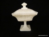 VINTAGE MILK GLASS PEDESTAL CANDY DISH WITH LID; SQUARE SHAPED AND WITH GRAPEVINE PATTERN, MADE BY