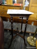 MAHOGANY END TABLE; HAS A MARBLE TOP. STANDS 14.5 IN X 14.5 IN X 29 IN