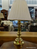 BRASS TABLE LAMP; HAS SHADE AND FINIAL. STANDS 28 IN TALL