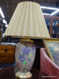 FAR EAST INSPIRED TABLE LAMP; FLORAL PINK AND PURPLE COLORED FAR EAST INSPIRED LAMP WITH SHADE AND