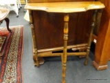 OAK DEMILUNE HALL TABLE; HAS A TURTLE SHELL TOP AND MEASURES 22 IN X 12 IN X 24 IN