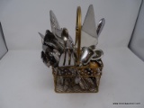 SILVERWARE; BASKET LOT OF ASSORTED SILVERWARE TO INCLUDE SERVING UTENSILS, CAKE KNIVES, NAPKIN