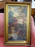 OIL ON CANVAS; VINTAGE OIL ON CANVAS OF A MAN FISHING WITH HIS DOG BY A WATERMILL. FRAMED IN GOLD