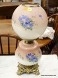 VINTAGE TABLE LAMP; VINTAGE PINK AND FLORAL PAINTED GLOBE STYLE TABLE LAMP WITH BRASS BASE. MEASURES