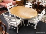 BREAKFAST NOOK SET; INCLUDES A MAPLE AND WHITE PAINTED TABLE AND 4 WHITE PAINTED ROLLING ARM CHAIRS.