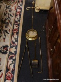 BRASS FIREPLACE TOOLS; INCLUDES A POKER, TONGS, A BRUSH AND STAND. STAND IS APPROXIMATELY 25 IN TALL