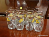 FRUIT DECORATED GLASSES BY CRISI; 8 TOTAL GLASSES. BANDED RED AND BLUE BORDERS. CAN BE USED FOR ICED