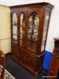 MAHOGANY CHINA CABINET; DENTIL MOLDING TOP. HAS 2 DOORS WITH FROSTED GLASS PANES AND 2 GLASS SHELVES