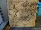 CONCRETE SQUARE STEPPING STONE; HAS A CARVED RABBIT IMAGE ON IT, MEASURES 18 IN X 18 IN X 1.5 IN.