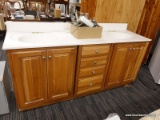 QUALITY CABINETS BRAND DOUBLE SINK; OAK BODY AND WHITE COUNTERTOP DOUBLE SINK BATH FIXTURE WITH 2