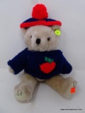 (DIS) ADORABLE BEIGE JOINTED BEARS FIGURINE; PLUSH TEDDY WITH MATCHING KNIT SWEATER AND BEANIE.