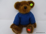 (DIS) DAWSON BY FIESTA TEDDY BEAR FIGURINE; BROWN BEAR WITH BLUE KNIT SWEATER, JOINTED ARMS, LEGS,