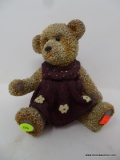 (DIS) SMALL COMPOSITE TEDDY BEAR FIGURINE; LIGHT BROWN BEAR WEARING MAROON JUMPER DRESS, SEATED,