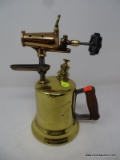 (DIS) VINTAGE BLOWTORCH; MADE OF BRASS AND HAS A WOODEN HANDLE. GREAT FOR PRACTICAL USE OR AS A